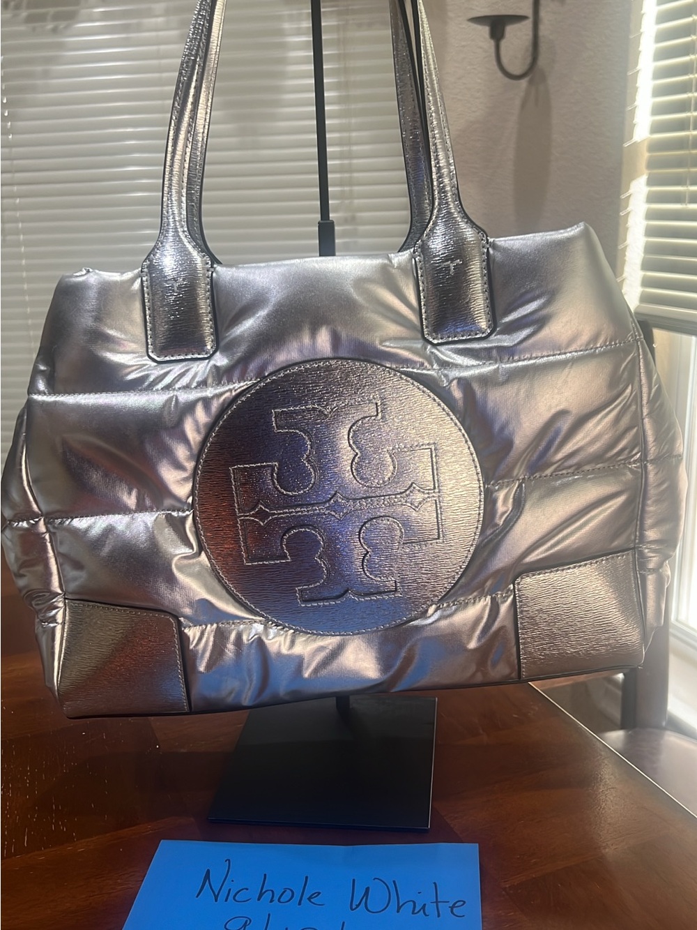 Tory Burch Silver Quilted Puffer Tote with Logo
